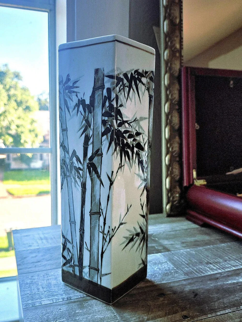 Vintage Pier 1 Imports ceramic square column vase hand-painted bamboo